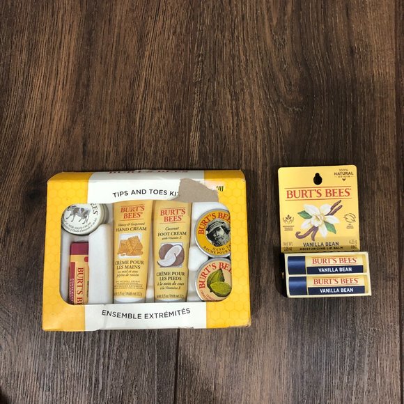 Burts Bees Tips and Toes Kit Foot Crème Hand Crème Set Gift & Vanilla Bean Lip - Picture 1 of 12